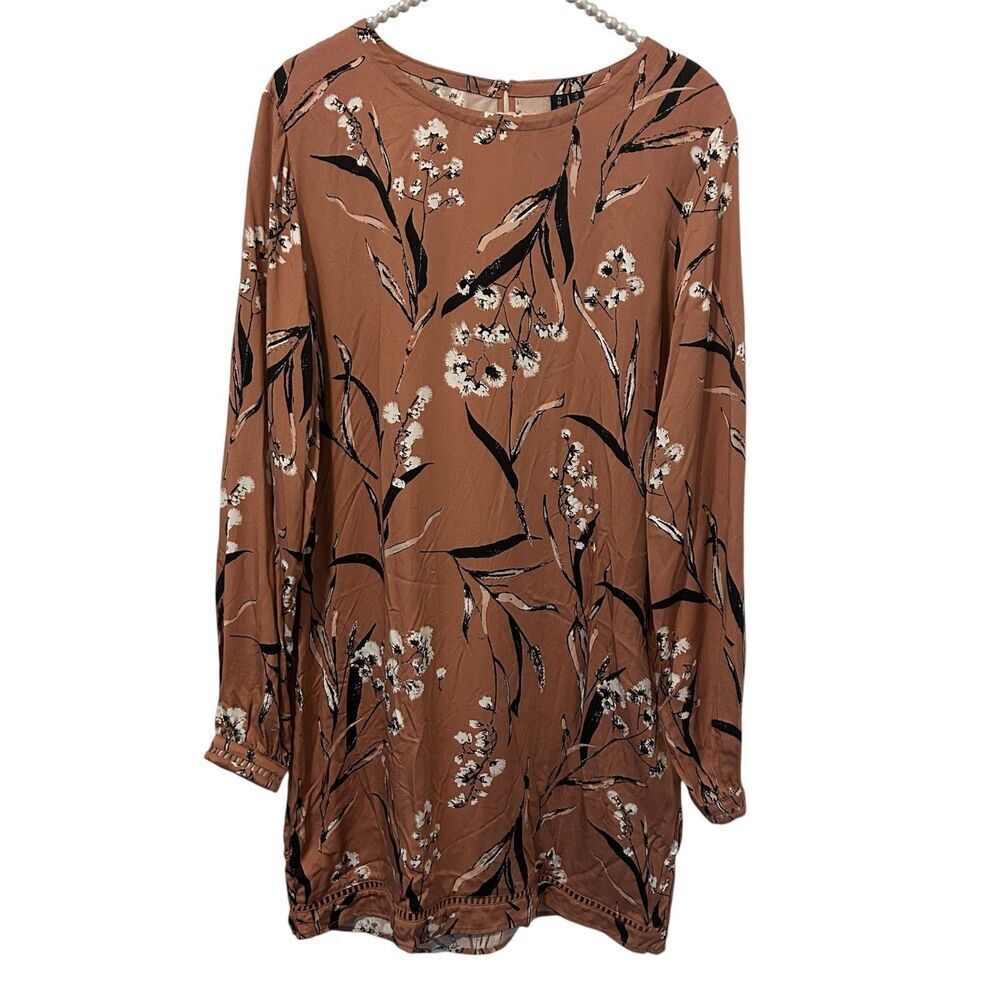 Knot Sisters Victoria Dress Womens Small Brown Floral Long Sleeve Boho Mini Nude